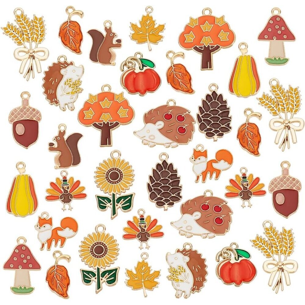 60pcs 15 Styles Autumn Charms for Necklace Bracelet Making - Pumpkin Maple Leaf